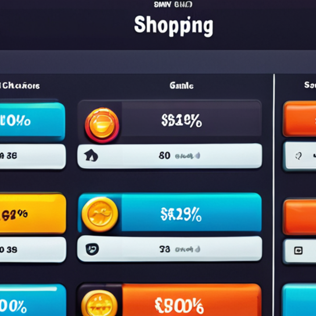 **Gamified shopping experience:** A vibrant image showcasing a shopping app interface with progress bars, badges, and rewards, illustrating the feeling of achievement and engagement in online shopping.