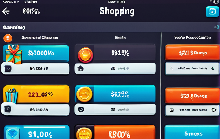 **Gamified shopping experience:** A vibrant image showcasing a shopping app interface with progress bars, badges, and rewards, illustrating the feeling of achievement and engagement in online shopping.