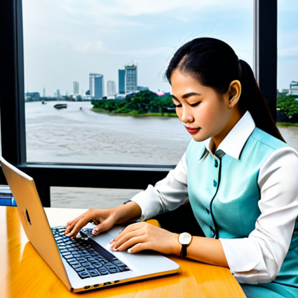 **
A professional Thai businesswoman in a modest, tailored silk dress, working on a laptop in a modern Bangkok office with a Chao Phraya River view, fully clothed, appropriate attire, safe for work, perfect anatomy, natural proportions, professional corporate photography, high quality.
**