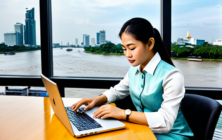 **

A professional Thai businesswoman in a modest, tailored silk dress, working on a laptop in a modern Bangkok office with a Chao Phraya River view, fully clothed, appropriate attire, safe for work, perfect anatomy, natural proportions, professional corporate photography, high quality.

**