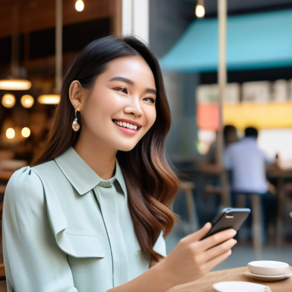 소셜 미디어를 활용한 고객경험 디자인 - **Prompt: The Satisfied Social Media Shopper**
A young, stylish Thai woman, in her mid-20s, with...