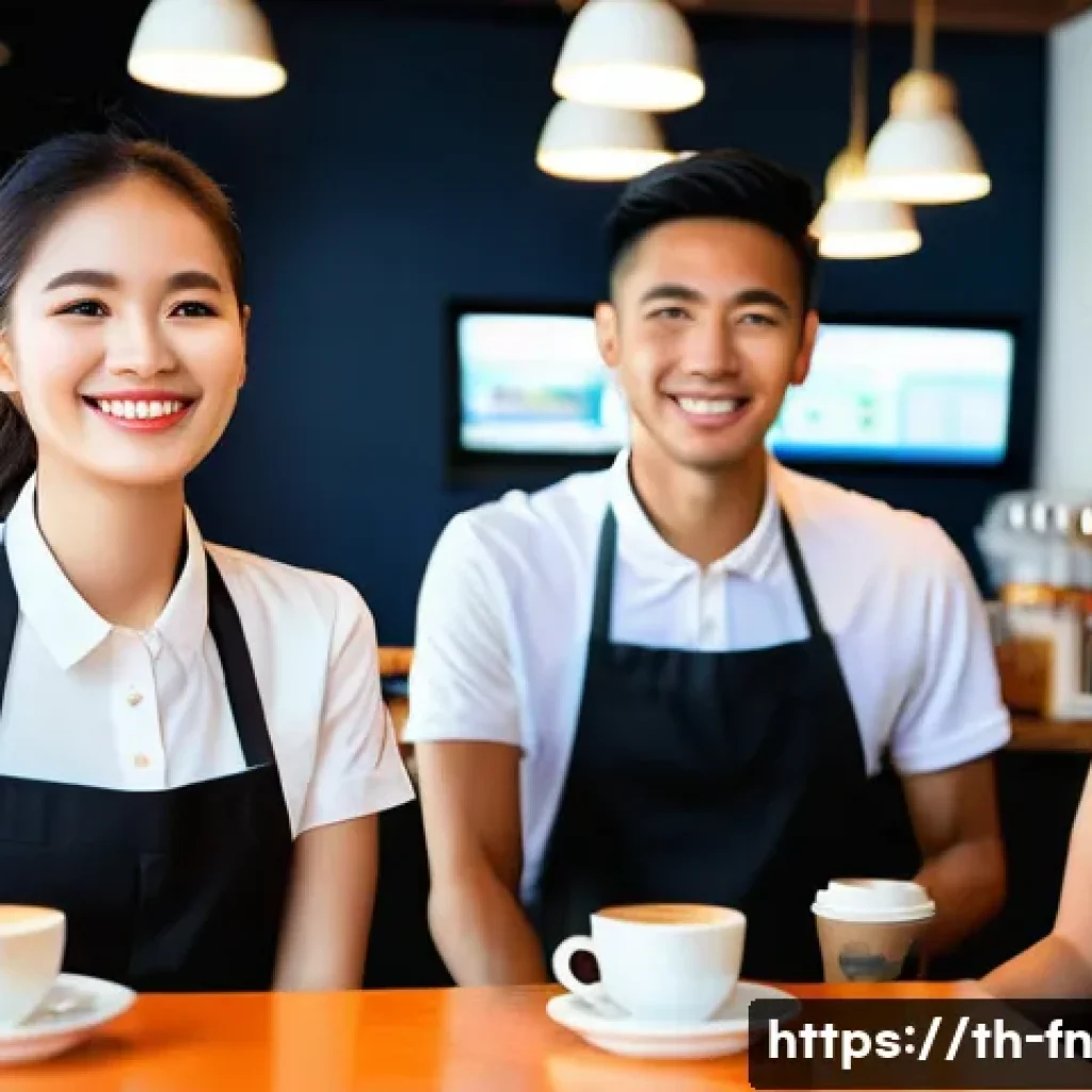 고객경험 디자인에서의 비즈니스 목표 정렬 - **Prompt:** A vibrant, bustling modern cafe in a Southeast Asian city, with warm lighting and a frie...
