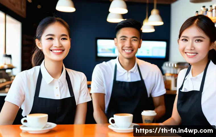 고객경험 디자인에서의 비즈니스 목표 정렬 - **Prompt:** A vibrant, bustling modern cafe in a Southeast Asian city, with warm lighting and a frie...