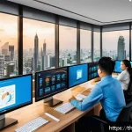 고객경험 디자인의 인사이트 활용하기 - A modern Thai business office environment showcasing a diverse team of professionals analyzing custo...