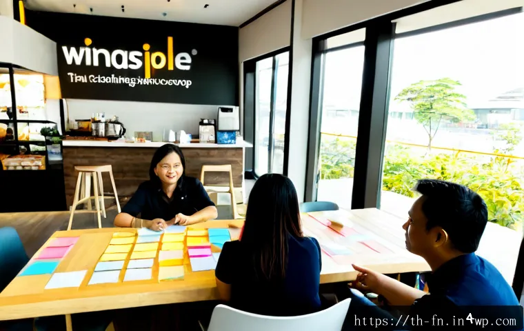 Home 29 고객경험 디자인을 위한 디자인 씽킹 적용 - Photorealistic customer experience design workshop in a modern Bangkok retail café, diverse Thai tea...